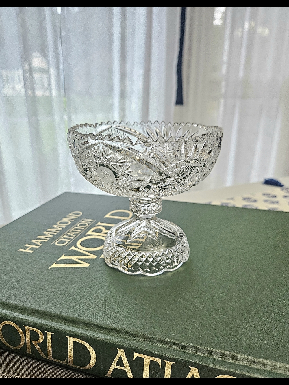 VINTAGE Pressed Crystal Glass Pedestal Candy Dish Sawtooth Rim Compote Bowl